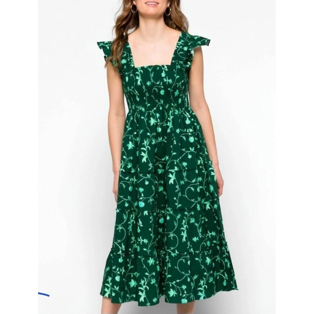 Hill House Home The Ellie Nap Midi Dress Green Botanical Smocked Ruffle Sz L